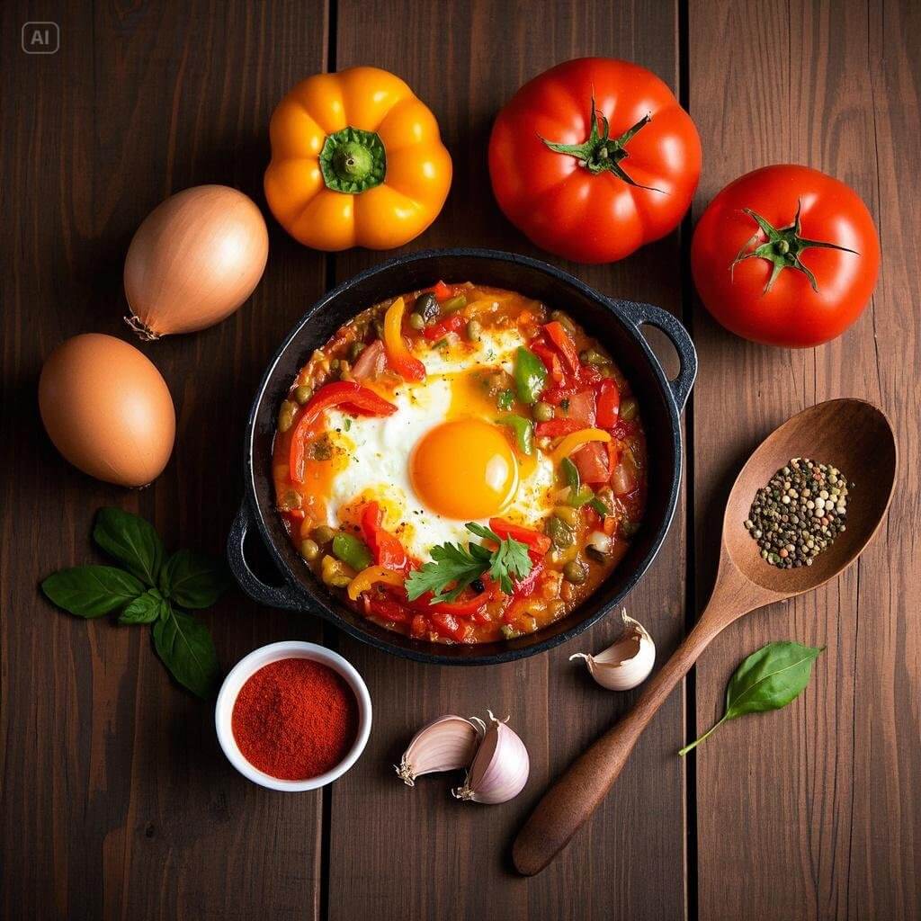 A colorful assortment of key ingredients for shakshuka, including ripe tomatoes, red bell peppers, fresh eggs, garlic, onions, and spices like cumin and paprika, arranged on a rustic wooden table.