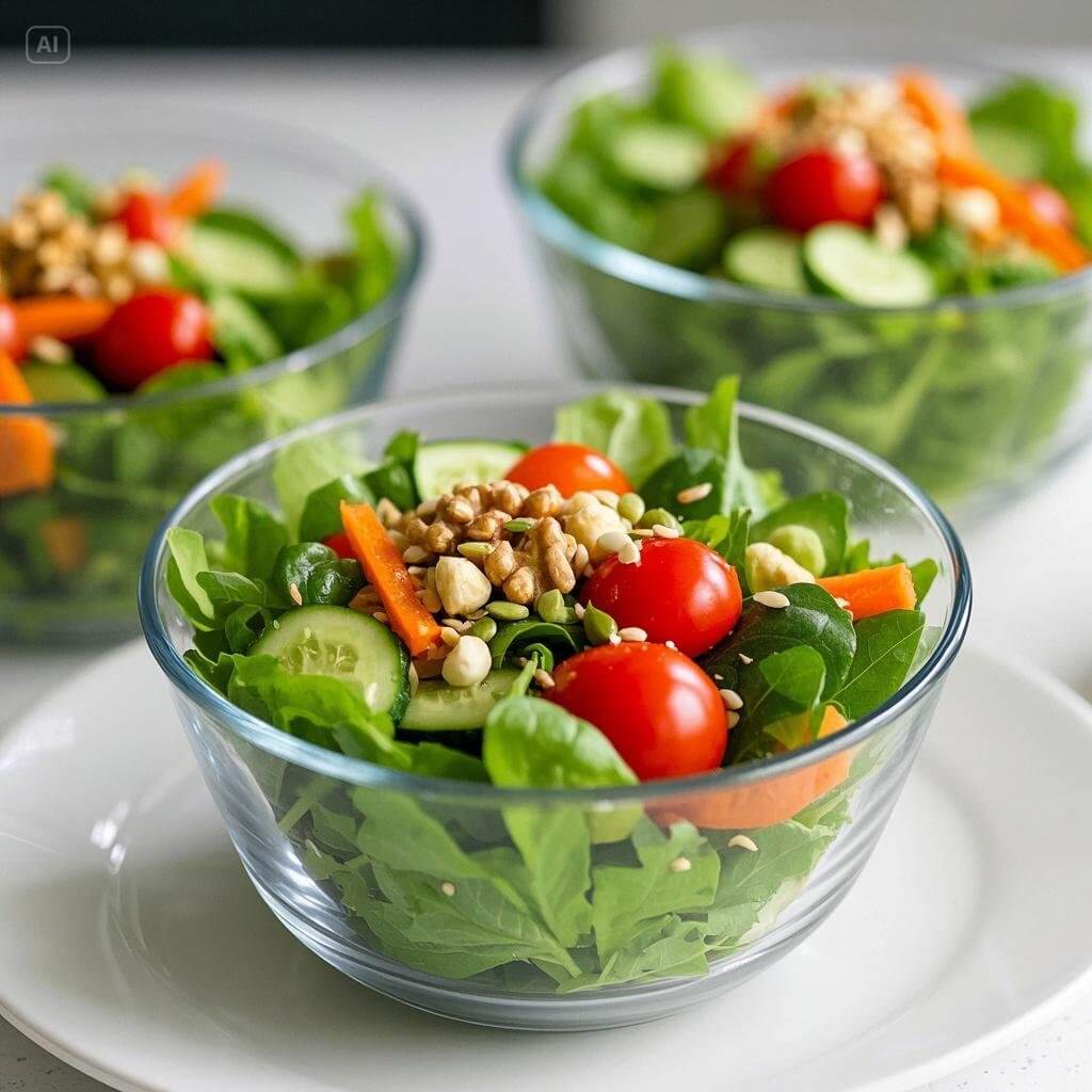 A variety of low-calorie lunchtime salads featuring fresh greens, colorful vegetables, lean proteins, and light dressings, beautifully arranged in bowls on a table.