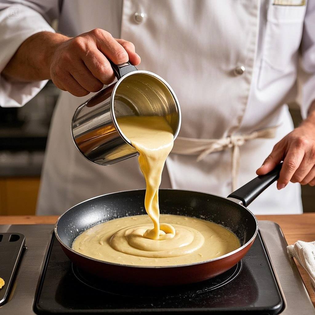  A chef pouring pancake batter from a metal pitcher into a frying pan on a stovetop.