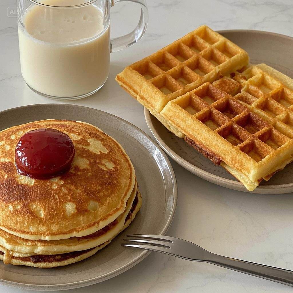 Side-by-side comparison of fluffy pancakes and crispy waffles, topped with syrup and butter, highlighting the differences between the two breakfast favorites.