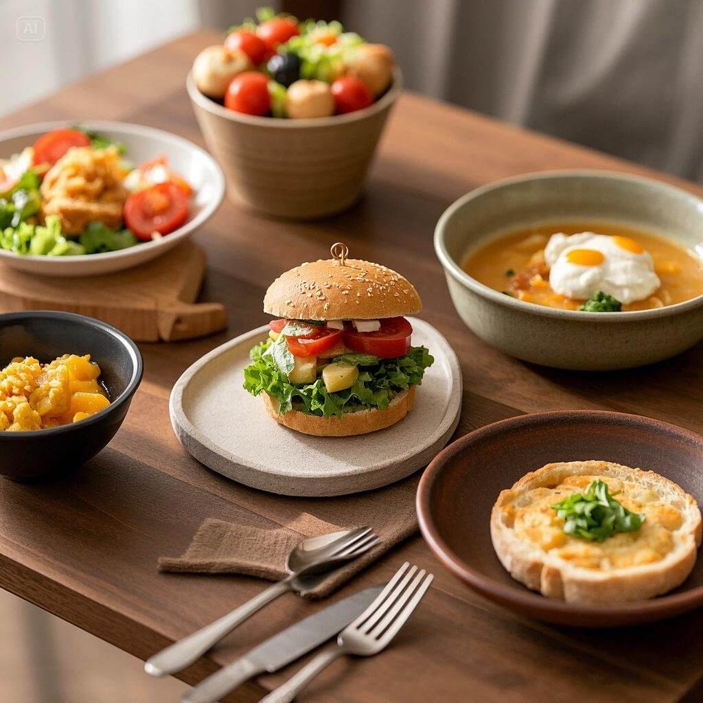 A quick and delicious lunch spread featuring a sandwich, a bowl of soup, a fresh salad, and a cup of coffee, perfect for a fast and satisfying meal