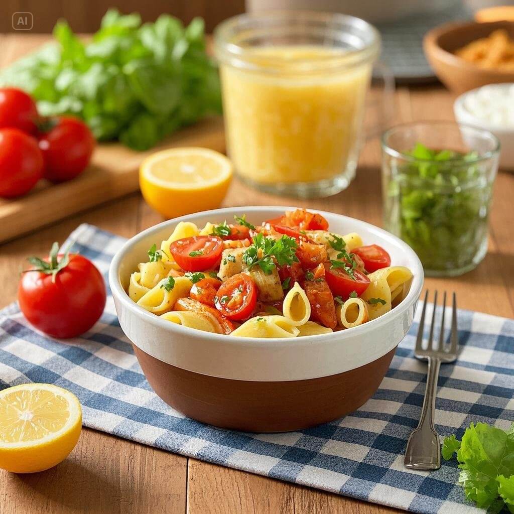 A selection of portable and tasty pasta lunches packed in containers, perfect for work or school, featuring colorful and easy-to-make recipes.