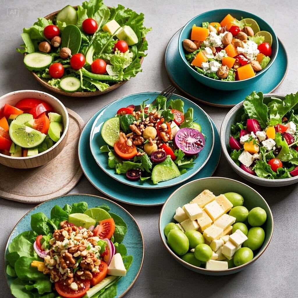 A vibrant assortment of quick and easy salad ideas for lunch, featuring fresh greens, colorful vegetables, grilled chicken, nuts, and a variety of dressings, beautifully arranged on a table.