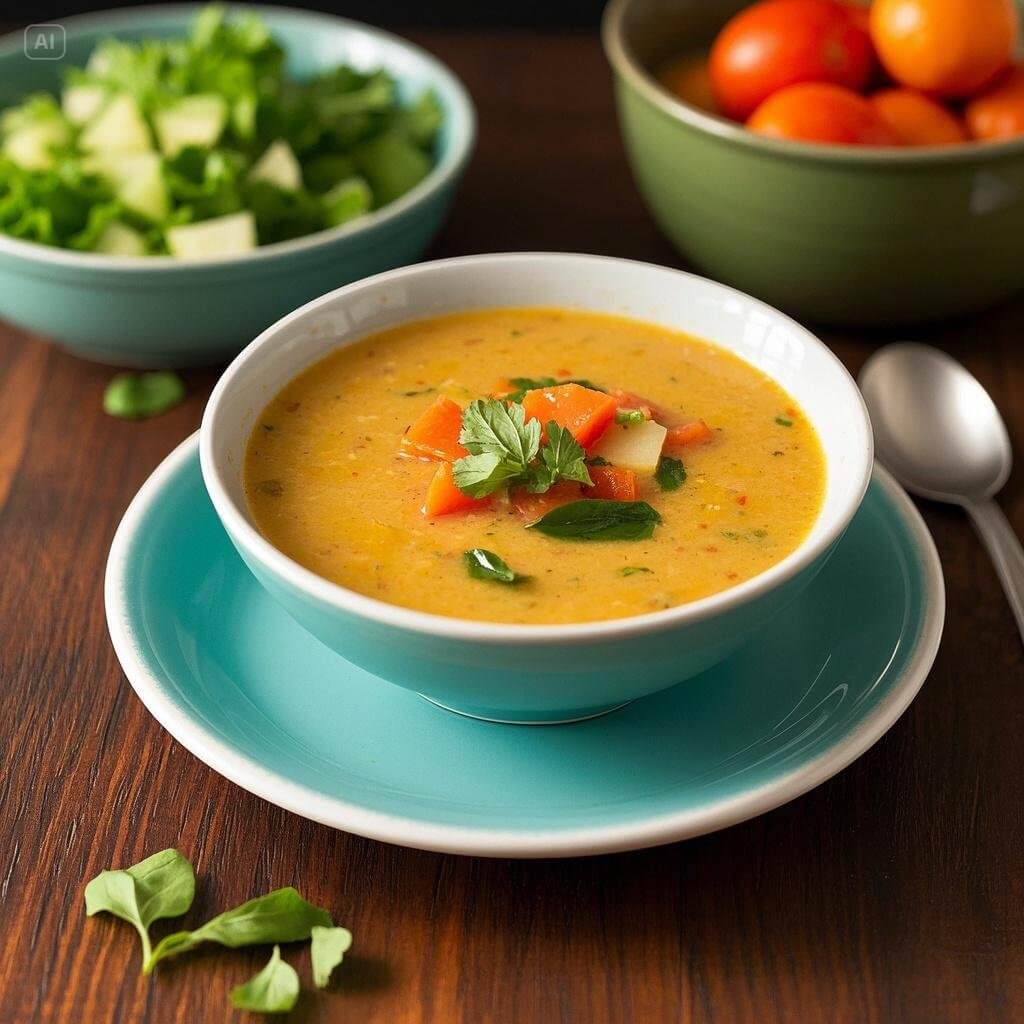 A variety of quick and easy soup recipes for lunch, featuring a creamy tomato soup, a hearty vegetable soup, and a comforting chicken noodle soup, served in bowls with fresh herbs and bread on the side.