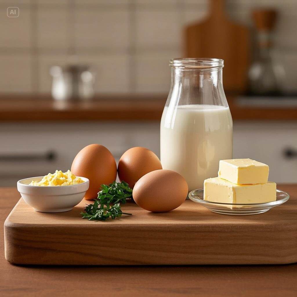 Essential ingredients for making scrambled eggs, including eggs, butter, salt, pepper, and milk.