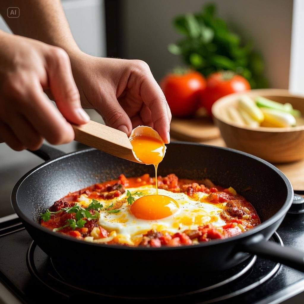 A vibrant skillet of shakshuka with poached eggs simmering in a rich tomato and pepper sauce, garnished with fresh herbs.