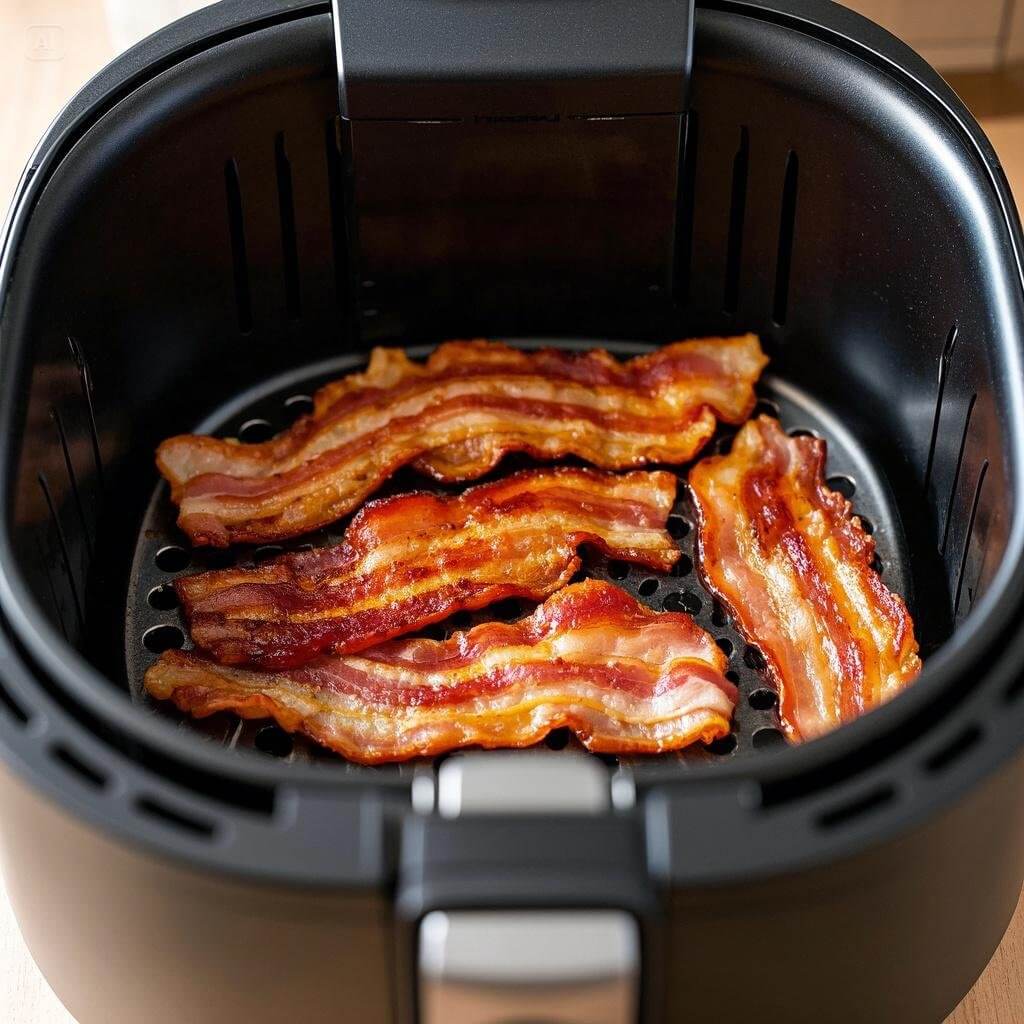 A step-by-step visual guide showing raw bacon strips being placed in an air fryer basket, cooking to a crispy golden brown, and being removed onto a plate lined with a paper towel.