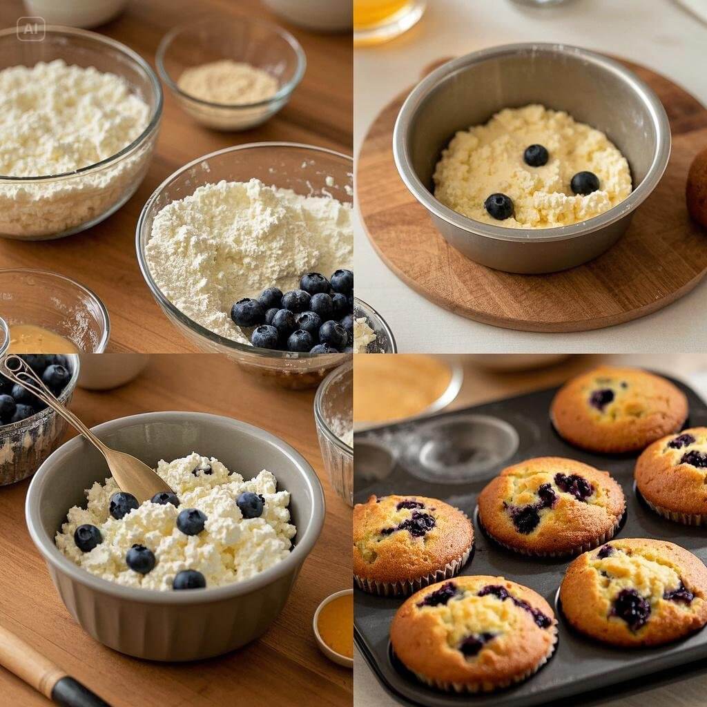 Step-by-step visual guide to making cottage cheese blueberry muffins, including mixing ingredients, filling muffin tins, and freshly baked muffins on a cooling rack.