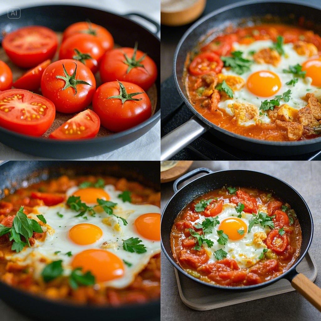 Step-by-step visual guide to making shakshuka, showing a skillet with sautéed onions and peppers, simmering tomato sauce, cracked eggs being added, and the final dish garnished with herbs.