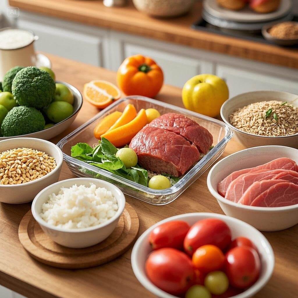 A neatly organized meal prep setup with containers of pre-portioned meals, fresh ingredients, and a weekly planner, highlighting the benefits of saving time, reducing stress, and eating healthier.