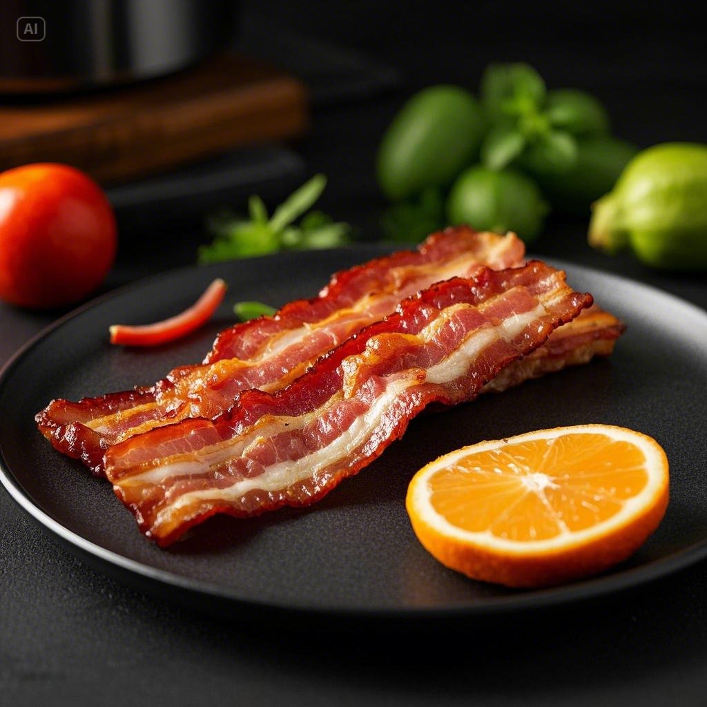 A selection of thick-cut, smoked, and center-cut bacon strips arranged side by side, showcasing the best types of bacon for air frying.