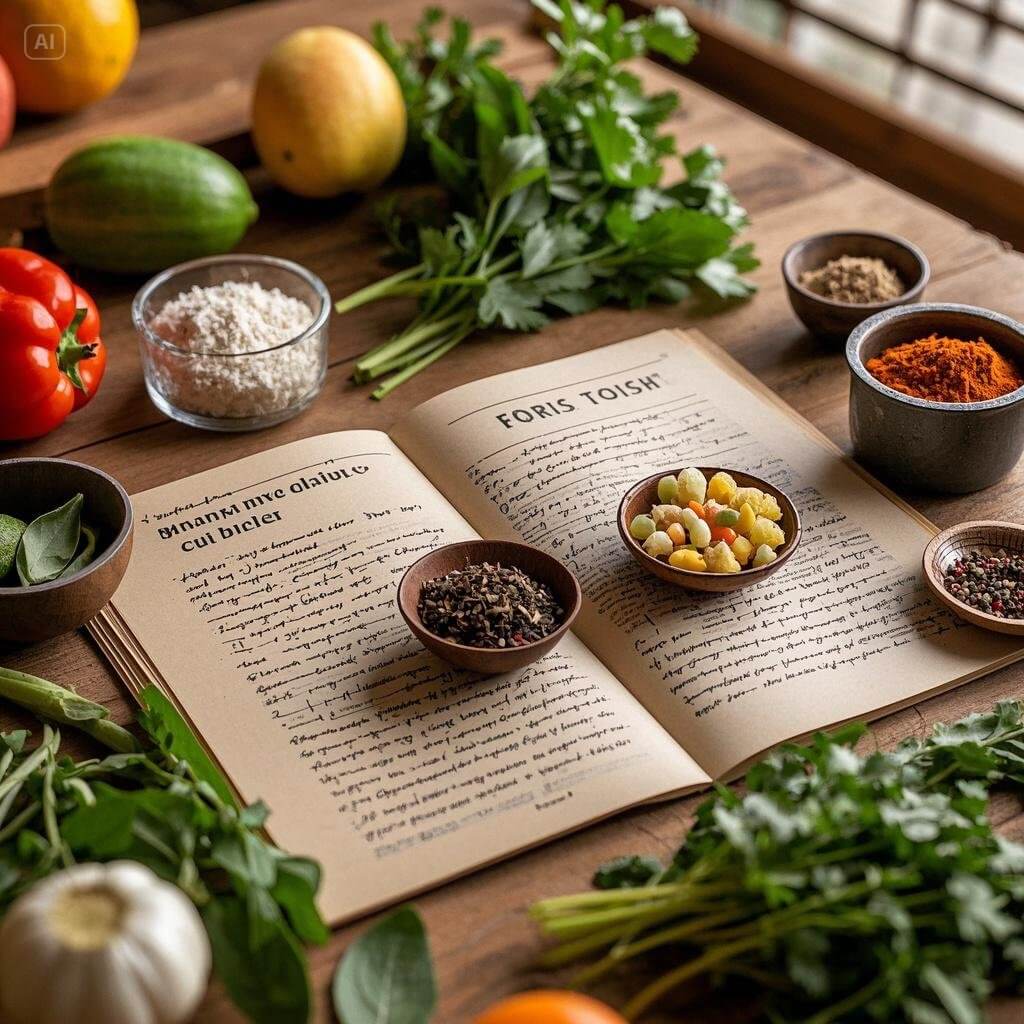 An open cookbook surrounded by fresh vegetables, herbs, and spices on a wooden kitchen counter.