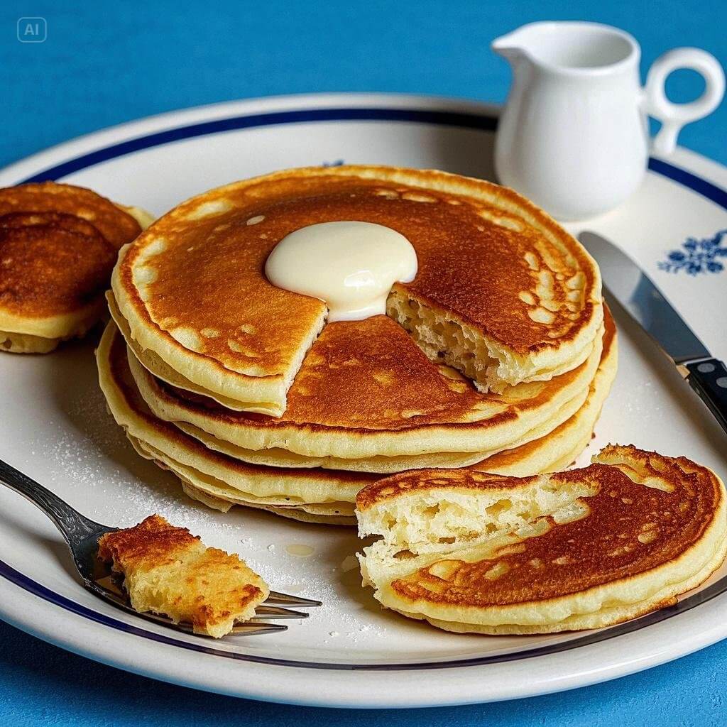 A stack of fluffy pancakes with syrup and butter, illustrating the pros and cons of pancakes.