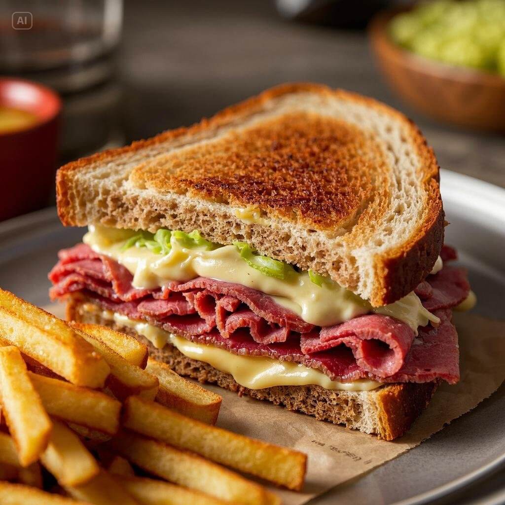 A classic Reuben sandwich with layers of corned beef, Swiss cheese, sauerkraut, and Russian dressing, grilled to perfection on rye bread, served with a pickle spear.