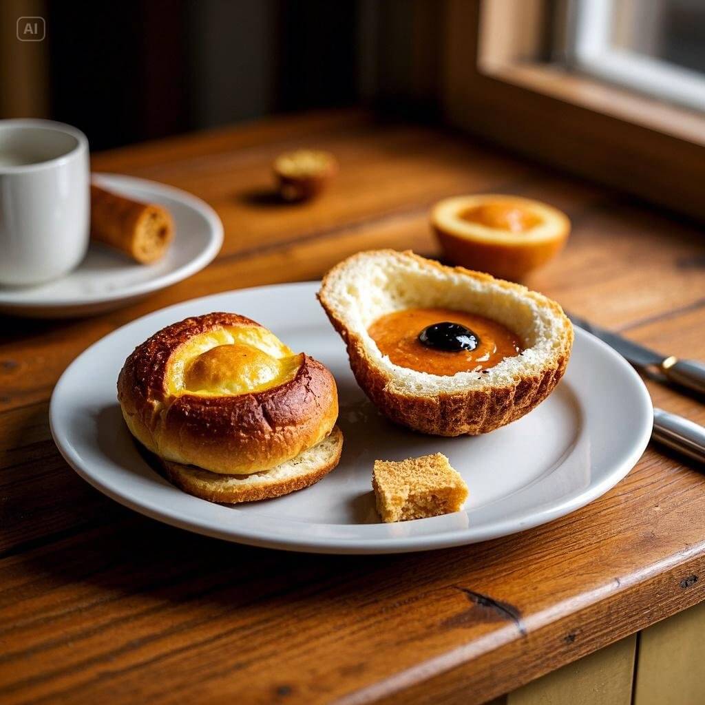 A beautifully arranged French breakfast spread featuring croissants, baguettes, jam, butter, café au lait, and fresh orange juice on a rustic table.