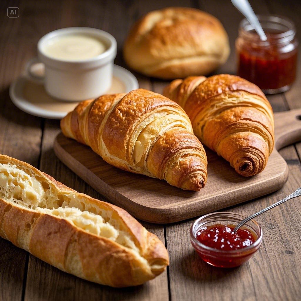 A selection of traditional French breakfast drinks, including café au lait, hot chocolate, fresh orange juice, and herbal tea, elegantly arranged on a cozy table with a croissant in the background.