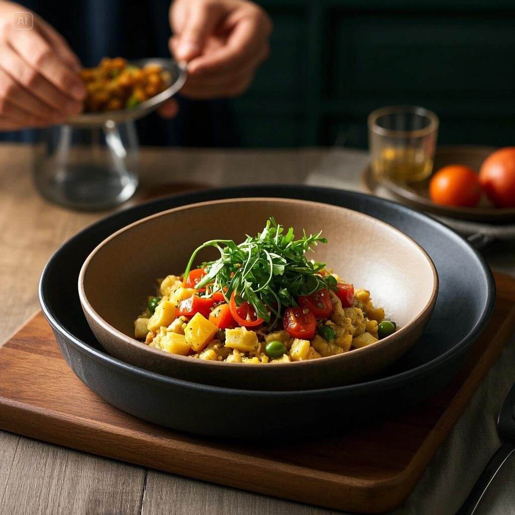 A chef preparing a colorful vegetarian entree in a modern kitchen, featuring fresh vegetables, herbs, and spices on a countertop, with a sizzling pan of roasted vegetables in the foreground.