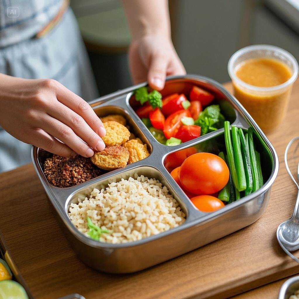 A step-by-step guide to perfect tiffin box meal prep, featuring neatly organized containers with balanced meals, fresh ingredients, and kitchen tools on a countertop.