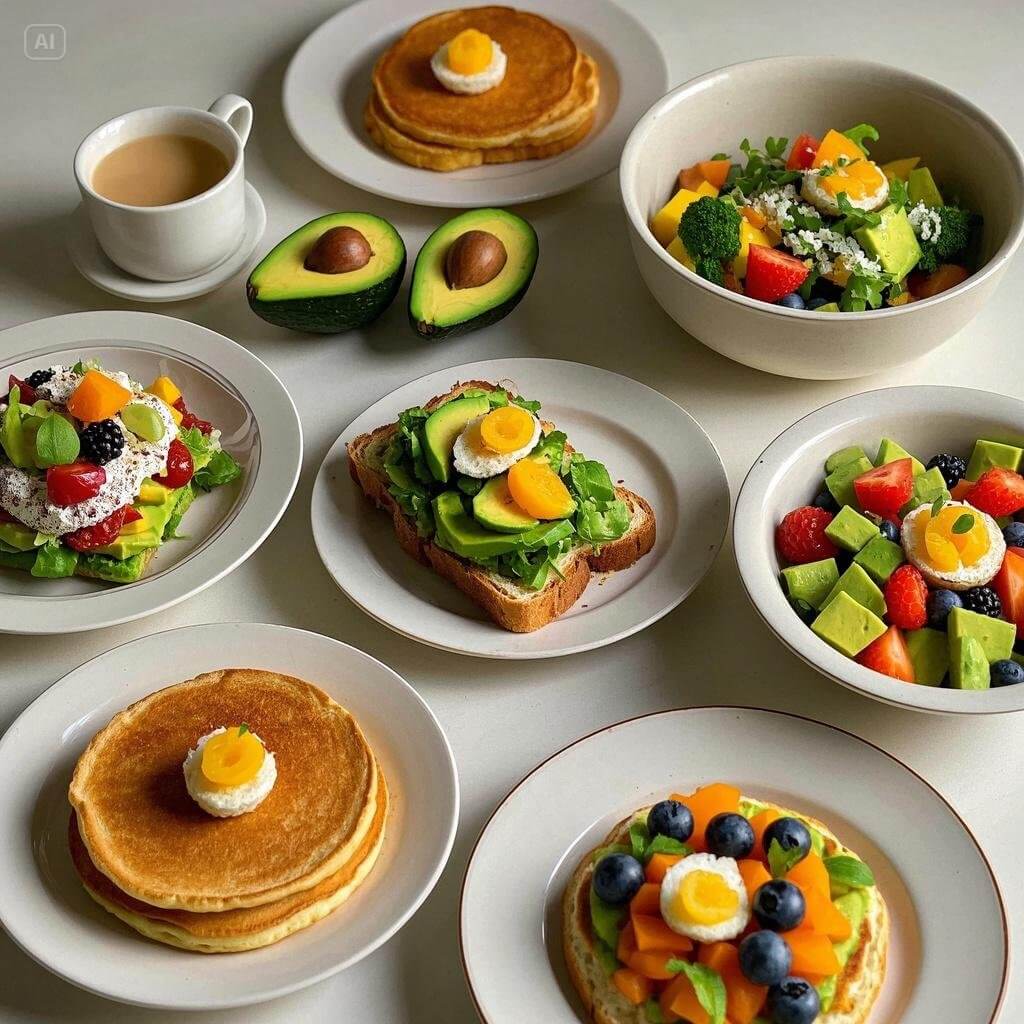 A vibrant spread of vegetarian brunch dishes, including avocado toast, fluffy pancakes, fresh fruit, and colorful smoothie bowls, arranged on a rustic table.