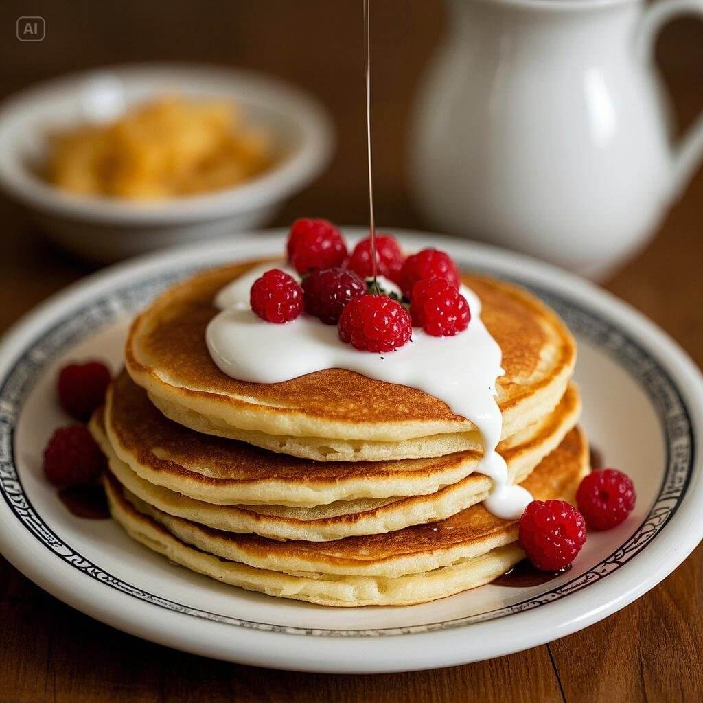 A stack of fluffy American pancakes topped with a variety of delicious toppings, including fresh berries, maple syrup, whipped cream, and chocolate chips.