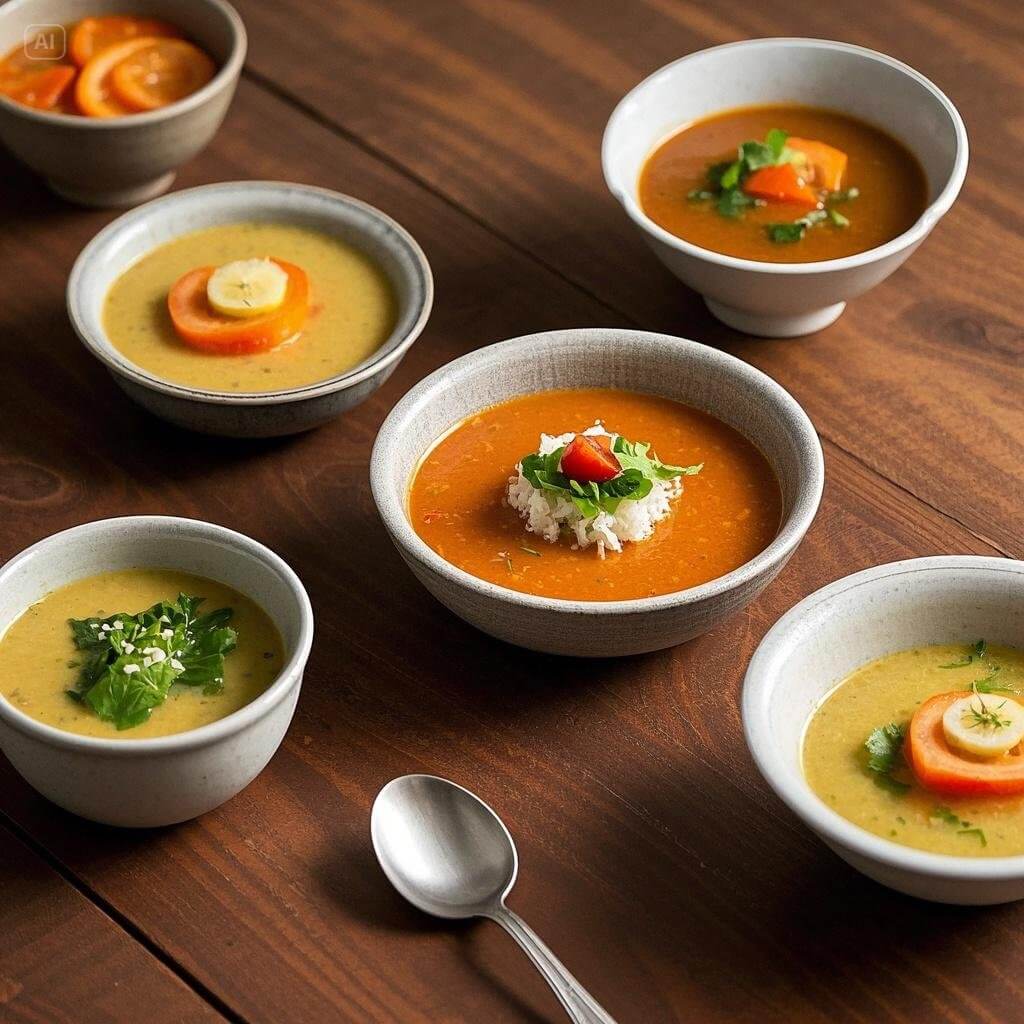 Top 5 healthy soup recipes for lunch displayed in bowls with fresh ingredients.