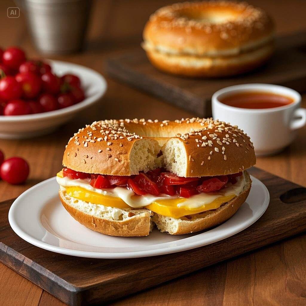 Assorted bagels with creative toppings like avocado, smoked salmon, cream cheese, fresh veggies, and sesame seeds on a wooden board.