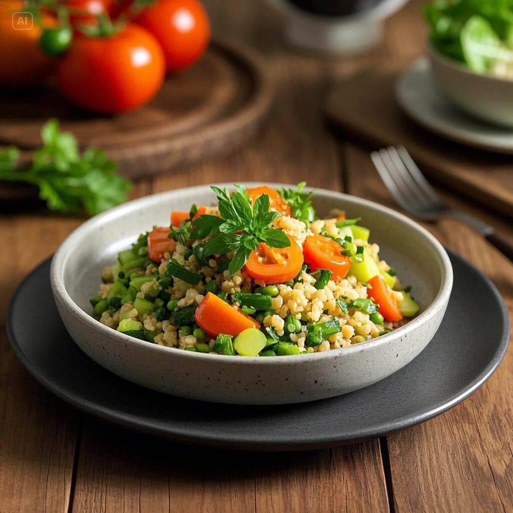 A vibrant, colorful spread of vegetarian entrees including stuffed bell peppers, quinoa salad, roasted vegetable pasta, and lentil curry, beautifully arranged on a dining table for a dinner party.