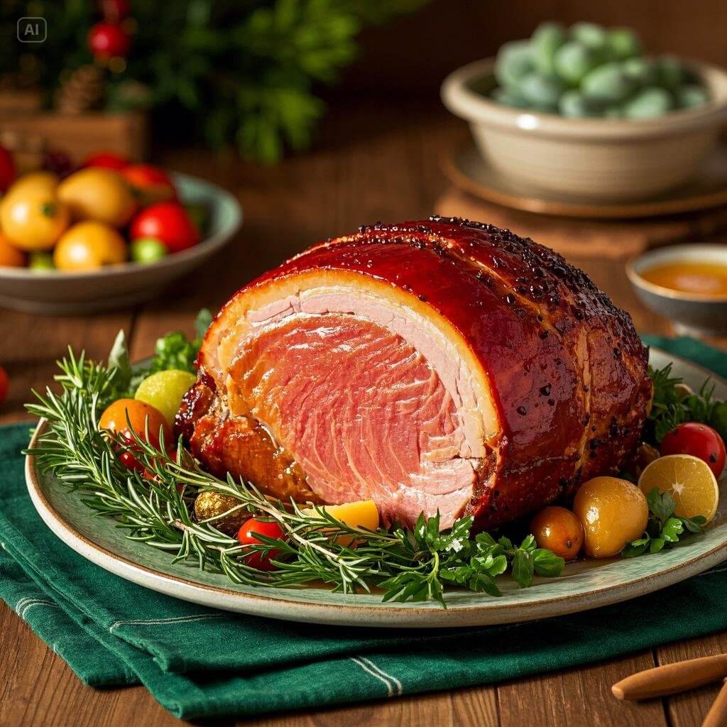 A beautifully glazed honey-baked ham garnished with pineapple slices and cherries, surrounded by festive holiday sides like mashed potatoes, green beans, and rolls, presented on a decorated dining table.