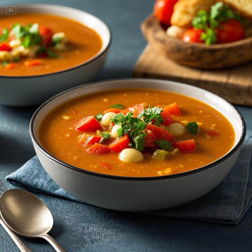 A steaming bowl of hearty soup with fresh vegetables, herbs, and a slice of crusty bread, showcasing why soup is the ultimate comfort meal for lunch.